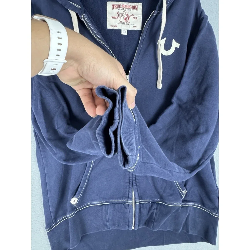 True Religion World Tour Buddha Full Zip Hoodie Navy Men's XL Y2K Casual Logo